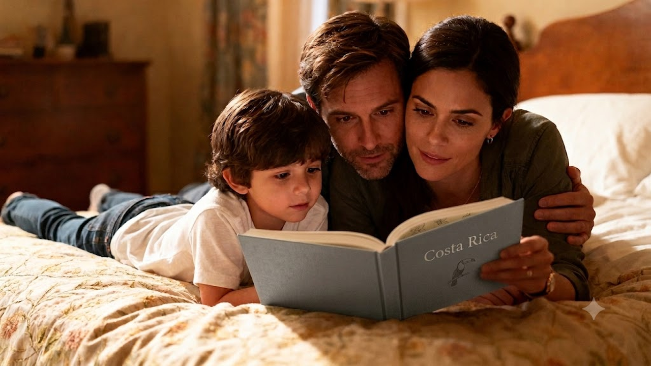 Familie blättert gemeinsam in einem Reise-Hardcover — Costa Rica.